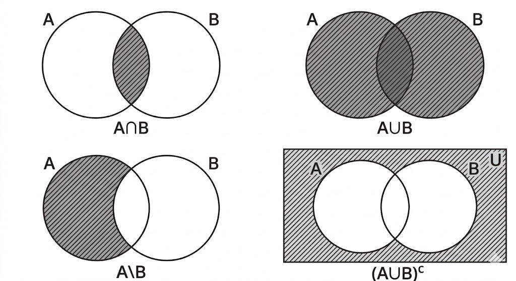 Diagramas de Venn que ilustran las operaciones entre conjuntos: unión, intersección, diferencia, complementario y diferencia simétrica